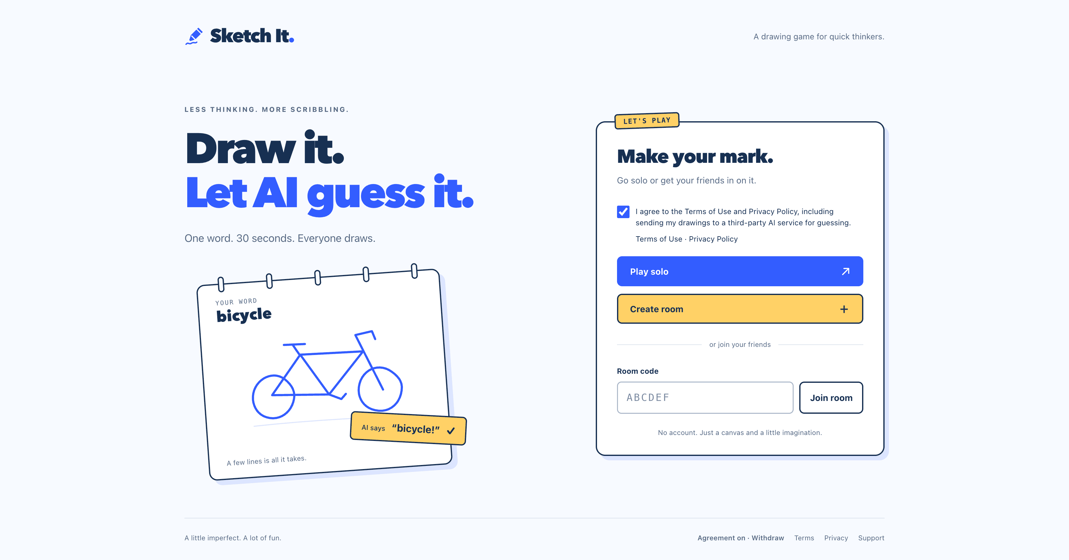 Sketch It homepage with a bicycle drawing, the headline “Draw it. Let AI guess it.”, and options to play solo, create a room, or join friends.